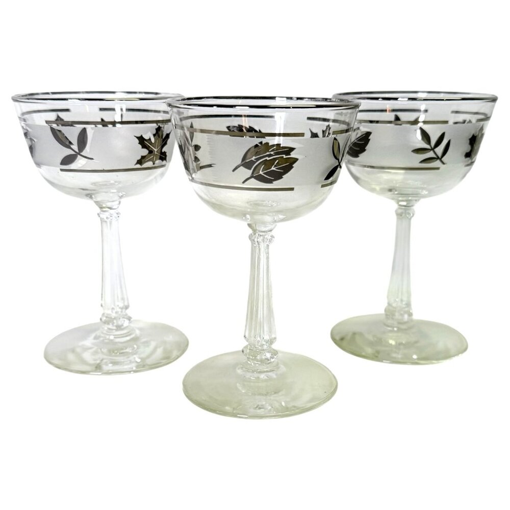 3 Vintage Libbey Silver Leaf Frosted Liquor Coctail Glasses Set 5‎ Inch